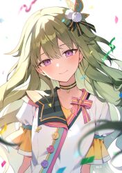 Rule 34 | absurdres, azit (down), bow, butterfly hair ornament, buttons, collar, green bow, green hair, hair ornament, highres, kusanagi nene, light blush, long hair, pink bow, project sekai, purple eyes, shirt, smile, two-tone bow, white shirt, yellow bow