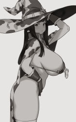 Rule 34 | 1girl, bikini, blush, breasts, cape, greyscale, hat, highres, houtengeki, large breasts, long hair, looking at viewer, monochrome, original, sideboob, solo, swimsuit, thighhighs, thighs, witch hat