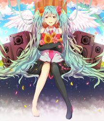 Rule 34 | 1girl, :d, aqua hair, bad id, bad pixiv id, bare shoulders, barefoot, black skirt, black thighhighs, blush, boots, cherry blossoms, cloud, crying, crying with eyes open, day, detached sleeves, flower, hair flower, hair ornament, hatsune miku, highres, konomi (kumagai20), long hair, looking at viewer, nail polish, necktie, open mouth, petals, pink necktie, rainbow, red eyes, shirt, shoes, single shoe, single thigh boot, sitting, skirt, sleeveless, sleeveless shirt, sleeves past wrists, smile, solo, sparkle, speaker, tears, thigh boots, thighhighs, tree, very long hair, vocaloid, white wings, wings