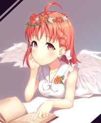 Rule 34 | 1girl, ahoge, angel wings, bad id, bad pixiv id, blush, book, bow, braid, collarbone, corsage, dress, feathered wings, flower, hair bow, head rest, head wreath, kyouou ena, looking at viewer, love live!, love live! school idol festival, love live! sunshine!!, lying, neckerchief, on stomach, open book, orange eyes, orange flower, orange hair, pointing, short hair, side braid, smile, solo, takami chika, white bow, white dress, white neckerchief, white wings, wing hair ornament, wings