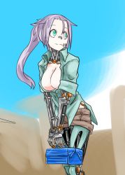 Rule 34 | 1girl, android, breasts, cleavage, female focus, green eyes, highres, lazy eye, mechanical parts, null (null man), original, ponytail, purple hair, short shorts, shorts, solo, wavy mouth