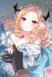Rule 34 | 1girl, blonde hair, blush, breasts, brown eyes, cleavage, commentary request, draph, dress, drill hair, flower, gloves, granblue fantasy, horns, jewelry, large breasts, looking at viewer, makochi (skk 21), maria theresa (granblue fantasy), nail polish, necklace, open mouth, pendant, pointy ears, pov, pov hands, rose, taking another&#039;s hand, tearing up