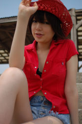 Rule 34 | 1girl, asian, bare legs, beach, black bra, black hair, bra, breasts, cowboy hat, cutoffs, denim, denim shorts, hat, lingerie, looking at viewer, namada, open clothes, open shirt, outdoors, photo (medium), red shirt, shirt, short hair, short sleeves, shorts, sitting, small breasts, solo, stairs, underwear