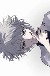 Rule 34 | 1boy, absurdres, blood, blood on face, blood on hands, blue eyes, child, highres, hunter x hunter, killua zoldyck, looking at viewer, male focus, shirt, short hair, simple background, smile, solo, spi 11011, upper body, white background, white hair, white shirt
