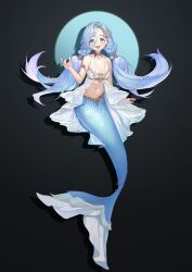 Rule 34 | 1girl, 37 (reverse:1999), :d, absurdres, alternate costume, arm support, bare arms, bare shoulders, bikini, bikini top only, black background, blue eyes, blue hair, breasts, circle, floating hair, full body, hair between eyes, hand up, highres, kneeless mermaid, layered bikini, long hair, looking at viewer, low twintails, navel, open mouth, pearl hair ornament, reverse:1999, shadow, shell, shell bikini, shell hair ornament, siole, small breasts, smile, solo, stomach, swimsuit, teeth, twintails, upper teeth only, very long hair, white bikini