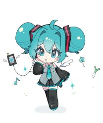 Rule 34 | 1girl, ahoge, alternate hairstyle, aqua eyes, aqua hair, aqua necktie, black footwear, black skirt, black sleeves, black thighhighs, blush stickers, boots, cable, candy, chibi, chibi only, collared shirt, commentary, detached sleeves, detached wings, digital media player, double bun, floating, floating object, food, full body, grey shirt, hair between eyes, hair bun, hair intakes, hand up, hatsune miku, headphones, highres, lollipop, long sleeves, looking at viewer, minazuki (minaduki 0318), mini wings, miniskirt, necktie, o3o, pleated skirt, puckered lips, shirt, simple background, skirt, sleeveless, sleeveless shirt, solo, spring onion, standing, thigh boots, thighhighs, vocaloid, white background, white wings, wide sleeves, wings, zettai ryouiki