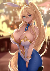 Rule 34 | 1girl, ahoge, animal ears, artoria pendragon (all), artoria pendragon (fate), artoria pendragon (swimsuit ruler) (fate), blonde hair, blue necktie, blue pantyhose, blush, braid, breasts, cleavage, detached collar, fake animal ears, fate/grand order, fate (series), fei er, french braid, highres, large breasts, leotard, long hair, looking at viewer, necktie, pantyhose, playboy bunny, rabbit ears, smile, solo, white leotard