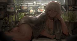 Rule 34 | 1girl, backlighting, blanket, border, breasts, cleavage, coffee, coffee mug, cup, day, facing viewer, fish, fishbowl, goldfish, grey hair, hair over eyes, head rest, highres, ibuo (ibukht1015), indoors, large breasts, lying, medium hair, mole, mole on breast, mole on thigh, mug, on side, original, red eyes, short hair, solo, thick thighs, thighs, white border, window blinds, window shutter