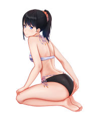 Rule 34 | 1girl, absurdres, ass, back, bare arms, bare legs, bare shoulders, barefoot, bbdaoa (1446759744), bikini, black bikini, black hair, blue eyes, blush, breasts, closed mouth, feet, from side, full body, gridman universe, hair ornament, hair scrunchie, hand on own ass, hand on own knee, highres, layered bikini, leaning forward, long hair, looking to the side, ponytail, scrunchie, seiza, side-tie bikini bottom, simple background, single sidelock, sitting, small breasts, smile, soles, solo, ssss.gridman, swimsuit, takarada rikka, toes, white background