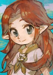Rule 34 | 1girl, aoki (fumomo), blue eyes, brown hair, closed mouth, flat chest, hair intakes, long hair, looking at viewer, malon, nintendo, pointy ears, short sleeves, smile, solo, the legend of zelda, the legend of zelda: ocarina of time, upper body