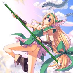 Rule 34 | 1girl, armor, ass, blonde hair, blue eyes, blush, boots, bow, breasts, brown footwear, cloud, commentary request, dragon, dress, forehead jewel, gem, gloves, green bow, green dress, hair bow, helmet, holding, holding staff, long hair, looking at viewer, low-tied long hair, medium breasts, nipples, no panties, open mouth, parted bangs, pauldrons, polearm, pussy, riesz, sakakura (sariri), seiken densetsu, seiken densetsu 3, shoulder armor, solo, staff, strapless, strapless dress, uncensored, valkyrie, very long hair, weapon, winged helmet