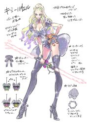 Rule 34 | 1girl, blonde hair, boots, concept art, energy blade, full body, hand on own hip, high heel boots, high heels, highres, kimmy howell, leotard, mixed-language commentary, multicolored hair, no more heroes, no more heroes 3, official art, shimazaki mari, simple background, smile, sparkle, thigh boots, thighhighs, two-tone hair