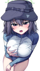 Rule 34 | 1girl, absurdres, black hair, black hat, blue archive, blush, breasts, cowboy shot, grabbing own breast, green eyes, green halo, groin, hair between eyes, halo, hat, highres, large breasts, long sleeves, looking at viewer, metaljelly, official alternate costume, open mouth, raglan sleeves, rash guard, saki (blue archive), saki (swimsuit) (blue archive), short hair, simple background, solo, white background