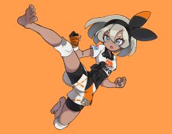 Rule 34 | 1girl, :o, barefoot, bea (pokemon), black bodysuit, black hairband, bodysuit, bodysuit under clothes, bow hairband, clenched hands, collared shirt, commentary request, creatures (company), full body, game freak, gloves, grey eyes, grey hair, hair between eyes, hairband, highres, hiisu (s-1104-d), knee pads, nintendo, open mouth, orange background, pokemon, pokemon swsh, print shirt, print shorts, shirt, short hair, short sleeves, shorts, side slit, side slit shorts, simple background, single glove, soles, solo, toes, tongue