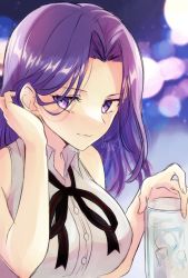 Rule 34 | 1girl, alto2019, breasts, closed mouth, cup, dress, hair behind ear, hair intakes, tucking hair, highres, holding, holding cup, kantai collection, large breasts, looking at viewer, one-hour drawing challenge, purple eyes, purple hair, signature, simple background, sketch, sleeveless, sleeveless dress, solo, tatsuta (kancolle), upper body, white dress
