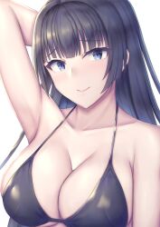 Rule 34 | 1girl, absurdres, arm up, armpits, bikini, black bikini, black hair, blue eyes, blunt bangs, blush, breasts, cleavage, closed mouth, collarbone, commentary request, highres, large breasts, long hair, ohguro mariya, original, simple background, smile, solo, swimsuit, upper body, white background