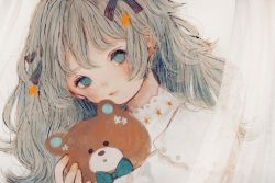 Rule 34 | 1girl, blush, commentary request, curtains, grey hair, hair ribbon, head tilt, highres, lace trim, long hair, looking at viewer, messy hair, hugging object, orie h, original, ribbon, solo, stuffed animal, stuffed toy, teddy bear