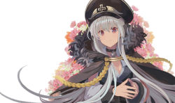 Rule 34 | 1girl, amuri, breasts, choker, cleavage, closed mouth, coat, commentary request, cross, fur, fur collar, fur trim, girls&#039; frontline, hair between eyes, hat, iron cross, kar98k (girls&#039; frontline), long hair, long sleeves, looking at viewer, military hat, own hands together, peaked cap, red eyes, silver hair, simple background, smile, solo, upper body, very long hair, white background