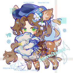 Rule 34 | 1girl, animal ears, blue hat, blue shirt, blush stickers, brown hair, centauroid, chibi, commentary, commission, deer ears, deer girl, deer tail, fedora, flower, full body, green eyes, hair flower, hair ornament, hat, highres, holding, holding pillow, hugging object, jessica (reverse:1999), jessica (voyage from your bed) (reverse:1999), layered shirt, layered sleeves, long hair, long sleeves, looking at viewer, low-braided long hair, low-tied long hair, monster girl, official alternate costume, parted bangs, pillow, pillow hug, reverse:1999, saddle, sailor collar, shirt, short over long sleeves, short sleeves, shorts, sidelocks, solo, standing, tail, tassel, taur, very long hair, white flower, white shirt, white shorts, yuli yuri