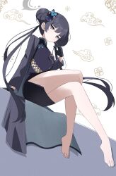 1girl barefoot black_hair blue_archive china_dress chinese_clothes crossed_legs double_bun dress feet grey_eyes hair_bun highres kisaki_(blue_archive) long_hair looking_at_viewer sasanoha_(sasanoha0712) toes