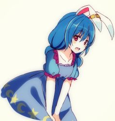Rule 34 | 1girl, animal ears, blue dress, blue hair, blush, rabbit ears, dress, dress tug, female focus, frills, fujishiro emyu, long hair, low twintails, open mouth, red eyes, seiran (touhou), solo, touhou, twintails, v arms, white background