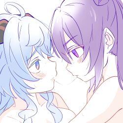 Rule 34 | 2girls, after kiss, ahoge, blue hair, blush, commentary request, eye contact, ganyu (genshin impact), genshin impact, highres, horns, keqing (genshin impact), looking at another, multiple girls, nude, open mouth, purple eyes, purple hair, red eyes, saliva, saliva trail, simple background, sweat, tongue, tongue out, twintails, upper body, white background, wu qin (gyxx 04), yuri