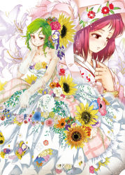Rule 34 | 2girls, bare shoulders, blush, bracelet, breasts, cleavage, daisy, dress, earrings, elbow gloves, floral print, flower, gloves, green hair, hair flower, hair ornament, hand on own cheek, hand on own face, hood, ibaraki kasen, izuna nie, japanese clothes, jewelry, kazami yuuka, kimono, large breasts, lily (flower), multiple girls, pink flower, pink hair, pink rose, plaid, plant, ring, rose, simple background, smile, strapless, strapless dress, sunflower, touhou, uchikake, vines, wedding band, wedding dress, white background, white gloves, yellow eyes