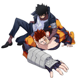 Rule 34 | 2boys, bara, black eyes, black hair, blue bodysuit, blue eyes, blue fire, bodysuit, boku no hero academia, burn scar, dabi (boku no hero academia), facial hair, fingerless gloves, fire, foreshortening, full body, gloves, hand on another&#039;s face, highres, koooogasya, large pectorals, lying, male focus, mature male, messy hair, multiple boys, muscular, muscular male, on person, on stomach, pectoral cleavage, pectorals, piercing, scar, short hair, sideburns, spiked hair, spoilers, stubble, torn bodysuit, torn clothes, vambraces