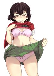 Rule 34 | 1girl, absurdres, black neckerchief, blouse, blush, bow, bow bra, bow panties, bra, breasts, brown eyes, brown hair, caesar (girls und panzer), closed mouth, clothes lift, commentary request, girls und panzer, gluteal fold, half-closed eyes, highres, lace, lace-trimmed bra, lace trim, lifted by self, looking at viewer, medium breasts, miniskirt, neckerchief, onion (onion and pi-natto), ooarai school uniform, open mouth, panties, pink bra, pink panties, pleated skirt, red scarf, scarf, school uniform, serafuku, shiroobi (whitebeltmaster), shirt, shirt lift, short hair, short sleeves, simple background, skirt, skirt lift, smile, solo, standing, summer uniform, thighs, underwear, white background, white shirt