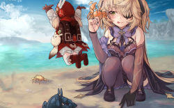 Rule 34 | 2girls, absurdres, backpack, bag, bare shoulders, beach, black pantyhose, black thighhighs, blonde hair, blush, boots, bow, breasts, charm (object), crab, day, dress, eyepatch, fischl (genshin impact), fishnets, genshin impact, gloves, grabbing, green eyes, hair ribbon, hands up, highres, huge filesize, jumping, klee (genshin impact), licking lips, long hair, looking away, medium breasts, multiple girls, ocean, outdoors, pantyhose, purple bow, pyro (genshin impact), red headwear, resolution mismatch, revision, ribbon, sand, single glove, single thighhigh, source smaller, squatting, thighhighs, tongue, tongue out, torriet, two side up, vision (genshin impact), water