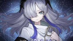 Rule 34 | 1girl, abstract background, blue background, blue eyes, cevio, closed mouth, coat, commentary request, floating hair, frown, grey hair, hair ornament, hair over one eye, hand up, high collar, highres, histoire-ange, kamitsubaki studio, long hair, long sleeves, looking at viewer, multicolored hair, o-ring, one eye covered, purple hair, sekai (cevio), serious, solo, star-shaped pupils, star (symbol), streaked hair, symbol-shaped pupils, upper body, white coat, zipper pull tab