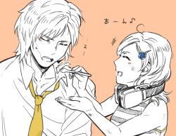 Rule 34 | 1boy, 1girl, age difference, androgynous, blush, closed eyes, collarbone, cyborg, dirty, feeding, flower, food, fork, formal, hair ornament, hairpin, headphones, lineart, metal gear (series), metal gear rising: revengeance, moroto, necktie, open mouth, orange background, raiden (metal gear), shirt, simple background, sleeveless, sleeveless shirt, smile, spot color, striped clothes, striped shirt, sunny emmerich, sweatdrop, teeth, upper body