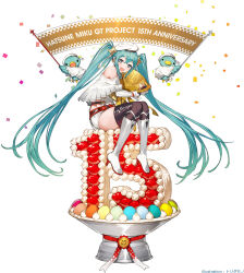 Rule 34 | 1girl, 2others, aqua hair, artist name, beret, bird, boots, cake, closed eyes, duck, english text, flag, food, fruit, goodsmile racing, hat, hatsune miku, highres, hug, long hair, looking at viewer, macaron, multiple others, official art, racing miku, racing miku (2023), second-party source, simple background, smile, strawberry, toridamono, trophy, twintails, very long hair, vocaloid, white background, white footwear, white headwear