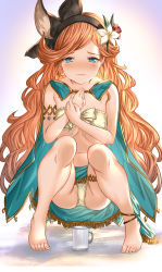 Rule 34 | 1girl, aldehyde, barefoot, black hairband, blue eyes, blush, closed mouth, commentary request, cup, flower, granblue fantasy, hair flower, hair ornament, hairband, highres, long hair, looking at viewer, navel, orange hair, panties, sara (granblue fantasy), solo, squatting, toenails, toes, underwear, yellow panties