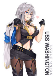 Rule 34 | 1girl, absurdres, azur lane, belt, black gloves, blue eyes, boots, breasts, character name, cleavage, gloves, heart, highres, jacket, jacket over shoulder, large breasts, miniskirt, mk (lazymk), mole, mole on breast, navel, pantyhose, short hair, silver hair, skirt, solo, thigh boots, thighhighs, unworn jacket, washington (azur lane), white background