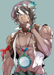 Rule 34 | 1boy, bandana around arm, bara, bare pectorals, bracelet, brown gloves, brown vest, closed mouth, flower, gloves, goggles, goggles on head, grey background, hair flower, hair ornament, hair over eyes, hat, jewelry, kotobuki toro, male focus, multicolored hair, muscular, muscular male, nintendo, pants, pectorals, solo, streaked hair, tan, tauro (totk), the legend of zelda, the legend of zelda: tears of the kingdom, vest
