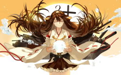Rule 34 | 10s, 1girl, ahoge, brown hair, bubble, carrying, detached sleeves, closed eyes, hair ornament, hairband, joseph lee, kantai collection, kongou (kancolle), long hair, machinery, nontraditional miko, smile, solo, turret