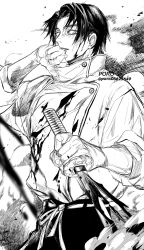 Rule 34 | 1boy, absurdres, artist name, belt, blood, blood on clothes, blood on face, bloody weapon, greyscale, hand up, highres, holding, holding sword, holding weapon, jacket, jujutsu kaisen, jujutsu tech uniform, katana, looking at viewer, male focus, monochrome, okkotsu yuuta, pants, parted lips, rei (poro06625649), reverse grip, school uniform, short hair, smoke, solo, sword, twitter username, weapon