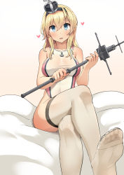 Rule 34 | 1girl, absurdres, bad id, bad pixiv id, blonde hair, blue eyes, blush, braid, breasts, collarbone, competition swimsuit, crossed legs, crown, feet, french braid, headband, heart, highres, kantai collection, long hair, looking at viewer, medium breasts, mini crown, on bed, one-piece swimsuit, open mouth, osananajimi neko, revision, sidelocks, sitting, solo, staff, swimsuit, thighhighs, warspite (kancolle), white thighhighs