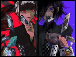Rule 34 | 1boy, 1girl, alternate costume, black hair, black jacket, black nails, card, celestia ludenberg, checkered clothes, checkered neckwear, danganronpa: trigger happy havoc, danganronpa (series), danganronpa v3: killing harmony, drill hair, earrings, gothic lolita, gradient hair, hair between eyes, holding, holding card, jacket, jewelry, joh pierrot, lips, lipstick, lolita fashion, long hair, long sleeves, makeup, mouth hold, multicolored hair, nail polish, necktie, oma kokichi, parted lips, playing card, purple background, purple eyes, purple hair, red background, red eyes, red neckwear, sidelocks, signature, simple background, twin drills, twintails, upper body