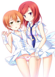 Rule 34 | 10s, 2girls, asymmetrical gloves, blue necktie, breasts, brown hair, cleavage, collarbone, earrings, eyebrows, fingerless gloves, gloves, green eyes, groin, hair between eyes, hand on another&#039;s shoulder, hoshizora rin, jewelry, love live!, love live! school idol project, medium breasts, multiple girls, necktie, nishikino maki, open clothes, open shirt, panties, panty pull, pink panties, purple eyes, red hair, shirt, short hair, simple background, skirt, small breasts, smile, underwear, uneven gloves, white background, white gloves, white shirt, white skirt, wonderful rush, yuri, yuurei yashiki