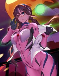 Rule 34 | 1girl, bodysuit, breasts, brown hair, closed mouth, commentary, eva 02, evangelion: 2.0 you can (not) advance, glasses, hairband, highres, long hair, looking at viewer, makinami mari illustrious, medium breasts, neon genesis evangelion, open clothes, open shirt, pink bodysuit, plugsuit, rebuild of evangelion, red-framed eyewear, rotix, smile, solo, swept bangs, twintails