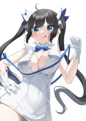 Rule 34 | 1girl, :q, absurdres, ahoge, bare arms, bare shoulders, black hair, blue eyes, blue ribbon, bow, bowtie, breasts, cleavage, closed mouth, covered navel, cowboy shot, dress, dungeon ni deai wo motomeru no wa machigatteiru darou ka, gloves, hair ornament, hand on own hip, hand up, hestia (danmachi), highres, kimyo, large breasts, long hair, looking at viewer, no bra, rei no himo, ribbon, short dress, sidelocks, sleeveless, sleeveless dress, smile, solo, tongue, tongue out, twintails, very long hair, white dress, white gloves