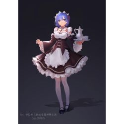 Rule 34 | 10s, 1girl, apron, black bow, black footwear, black ribbon, black skirt, blue eyes, blue hair, blush, bow, breasts, closed mouth, commentary request, copyright name, corset, cup, dark background, detached collar, detached sleeves, frilled skirt, frills, full body, hair ornament, hair ribbon, hairband, highres, holding, holding tray, ittou, lolita hairband, long sleeves, looking at viewer, maid, maid apron, mary janes, medium breasts, medium skirt, pantyhose, partial commentary, purple ribbon, re:zero kara hajimeru isekai seikatsu, rem (re:zero), ribbon, ribbon-trimmed collar, ribbon trim, shadow, shoes, short hair, skirt, smile, solo, standing, teapot, tray, waist apron, white apron, white bow, white pantyhose, wide sleeves, x hair ornament