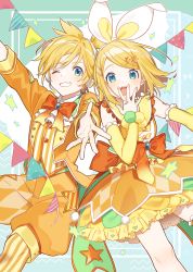 Rule 34 | :o, arm up, blonde hair, blue eyes, booota, brother and sister, commentary request, detached sleeves, feet out of frame, frilled sleeves, frills, grin, hair ornament, hairclip, hand to own mouth, headphones, highres, jacket, kagamine len, kagamine rin, long sleeves, nail polish, one eye closed, open clothes, open jacket, open mouth, orange jacket, orange shorts, orange skirt, outstretched arms, pantyhose, pennant, puffy shorts, shirt, shorts, siblings, skirt, smile, star (symbol), star hair ornament, string of flags, striped clothes, striped legwear, striped pantyhose, striped vest, teeth, twins, upper teeth only, vertical-striped clothes, vertical-striped legwear, vertical-striped vest, vest, vocaloid, white legwear, white shirt, wonderlands x showtime len, wonderlands x showtime rin, yellow nails, yellow sleeves