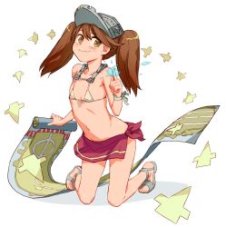 Rule 34 | 1girl, alternate costume, bare shoulders, bikini, blush, brown hair, collarbone, commentary request, fang, flat chest, full body, hand up, highres, index finger raised, kantai collection, kneeling, long hair, looking at viewer, micro bikini, navel, onmyouji, pointing, ryuujou (kancolle), sandals, sarong, scroll, shikigami, smile, solo, swimsuit, transparent background, twintails, uniskie, visor cap