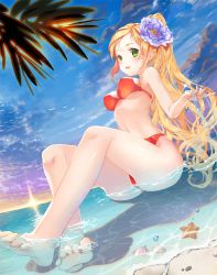 Rule 34 | 1girl, barefoot, beach, bikini, blonde hair, breasts, day, covered erect nipples, feet, flower, green eyes, hair flower, hair ornament, legs, long hair, mintchoco (orange shabette), navel, ocean, original, outdoors, partially submerged, seashell, shell, side ponytail, sitting, sky, smile, solo, starfish, swimsuit, toes, water