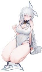 Rule 34 | 1girl, absurdres, blue eyes, blush, breasts, china dress, chinese clothes, cleavage, cleavage cutout, closed mouth, clothing cutout, covered navel, dress, eyelashes, grey dress, grey hair, hair between eyes, hair ribbon, heart, highres, large breasts, long hair, looking at viewer, no panties, nujig, original, pelvic curtain, ribbon, simple background, sitting, sleeveless, sleeveless dress, solo, thighs, very long hair, white background