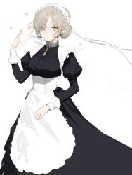 Rule 34 | 1girl, afterimage, apron, azur lane, black dress, closed mouth, collar, cross, double bun, dress, earrings, eyes visible through hair, fanning face, flower, grey hair, hair bun, hair over one eye, hairband, hand up, highres, hot, inverted cross, jewelry, juliet sleeves, long dress, long sleeves, looking at viewer, maid apron, maid headdress, metal collar, oyabuli, puffy sleeves, sheffield (azur lane), solo, sweat, waist apron, white apron, yellow flower