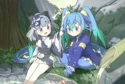 Rule 34 | 2girls, animal ears, blue eyes, blue hair, blush, bow, breasts, carp, comforting, day, dragon girl, dragon tail, extra ears, fins, fish, fish girl, fish tail, gloves, grass, grey eyes, grey hair, hair between eyes, headpat, highres, jacket, japanese clothes, jinmen-gyo (kemono friends), kemono friends, kemono friends 3, kimono, koi, long hair, long sleeves, mask, mask on head, multicolored hair, multiple girls, nature, necktie, onefiresticks, open mouth, outdoors, pantyhose, partially submerged, pond, ponytail, ribbon, seiryuu (kemono friends), shirt, short hair, sitting, skirt, smile, soaking feet, tail, tree, twintails, water